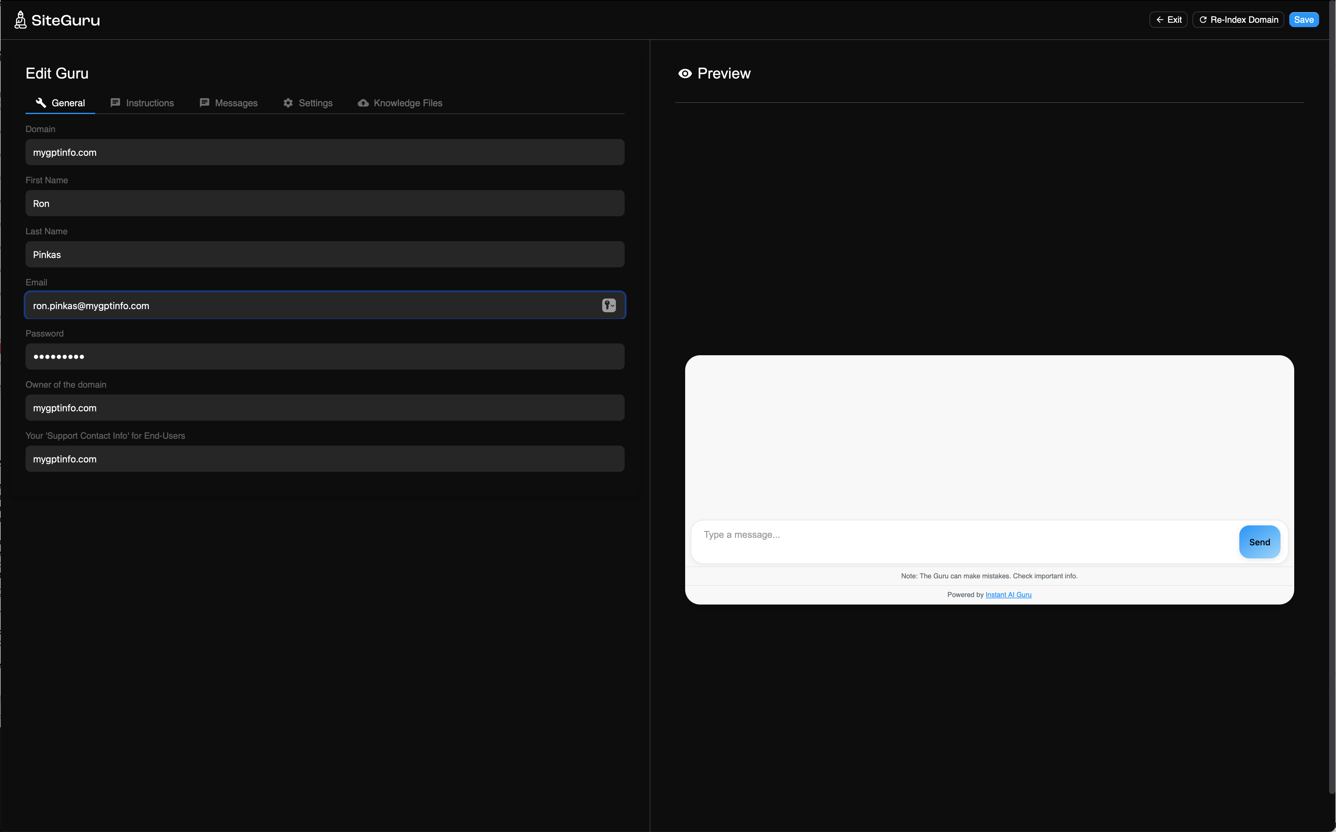 The Preview Tab includes your Domain Guru